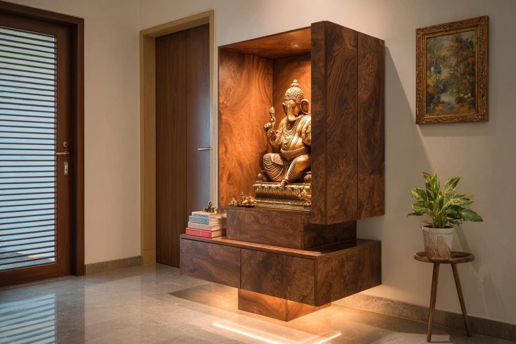 Wall mounted wooden mandir burl finish Indian home