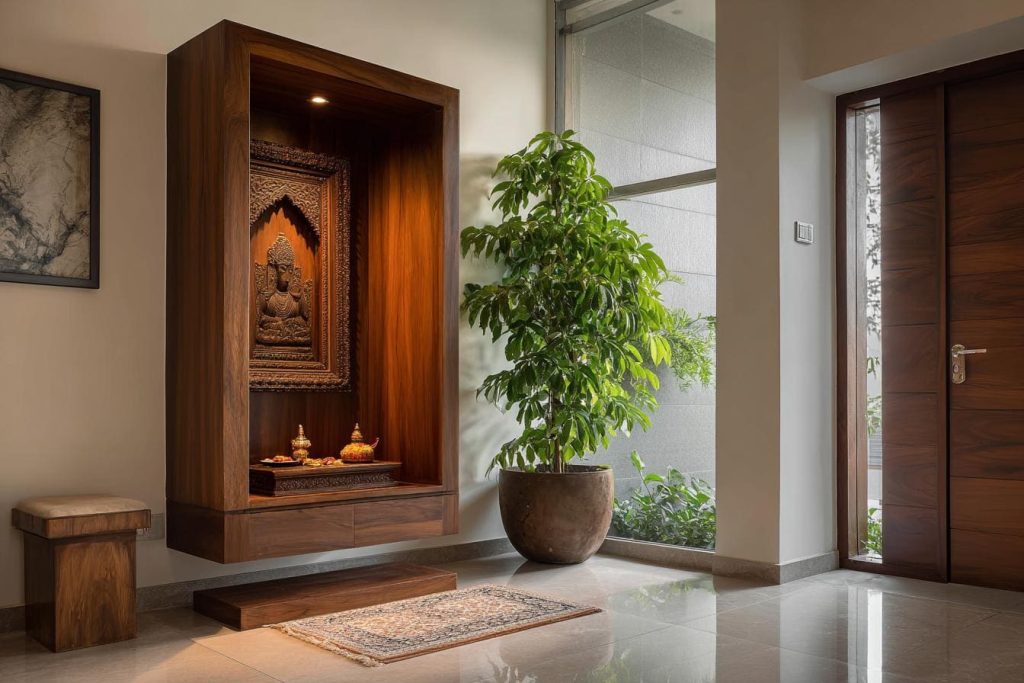 Wall mounted wooden pooja mandir modern Indian home