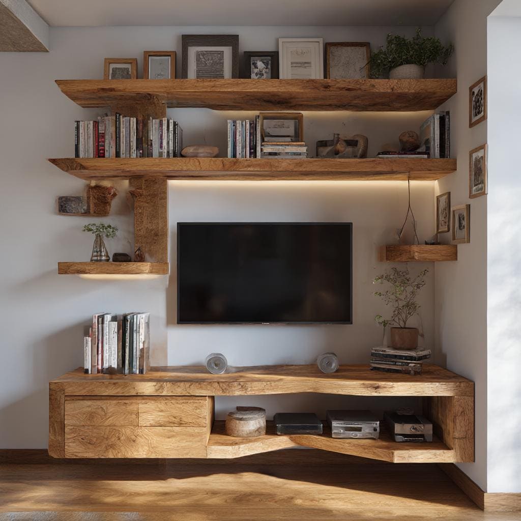  wooden corner TV unit with open shelves India