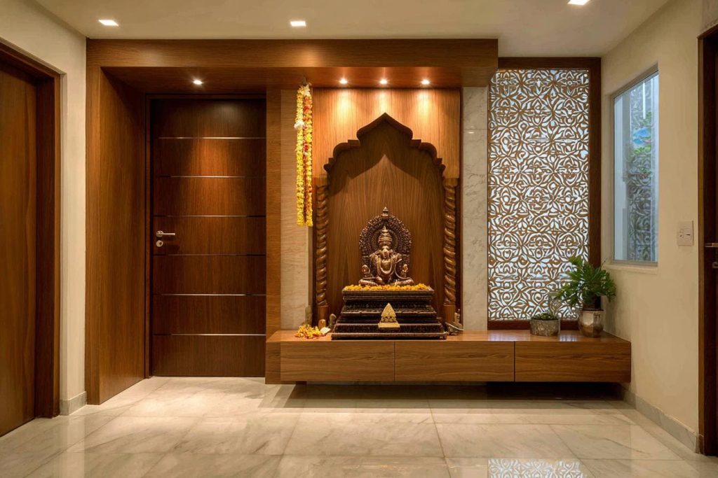 Wooden mandir design pooja room jaali panel India