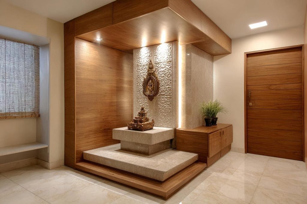  Wooden pooja room mandir stepped platform design India