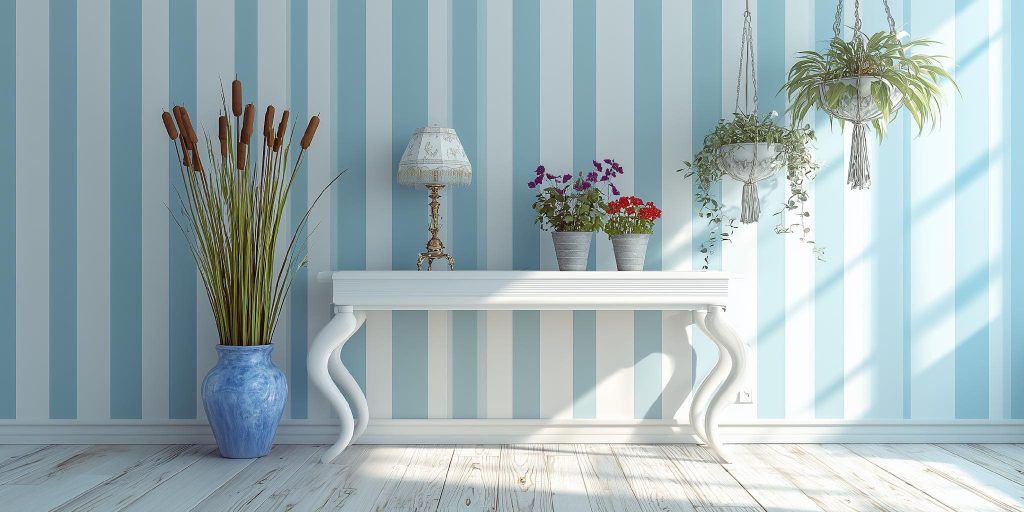 Blue white stripe wall colour combination small hall