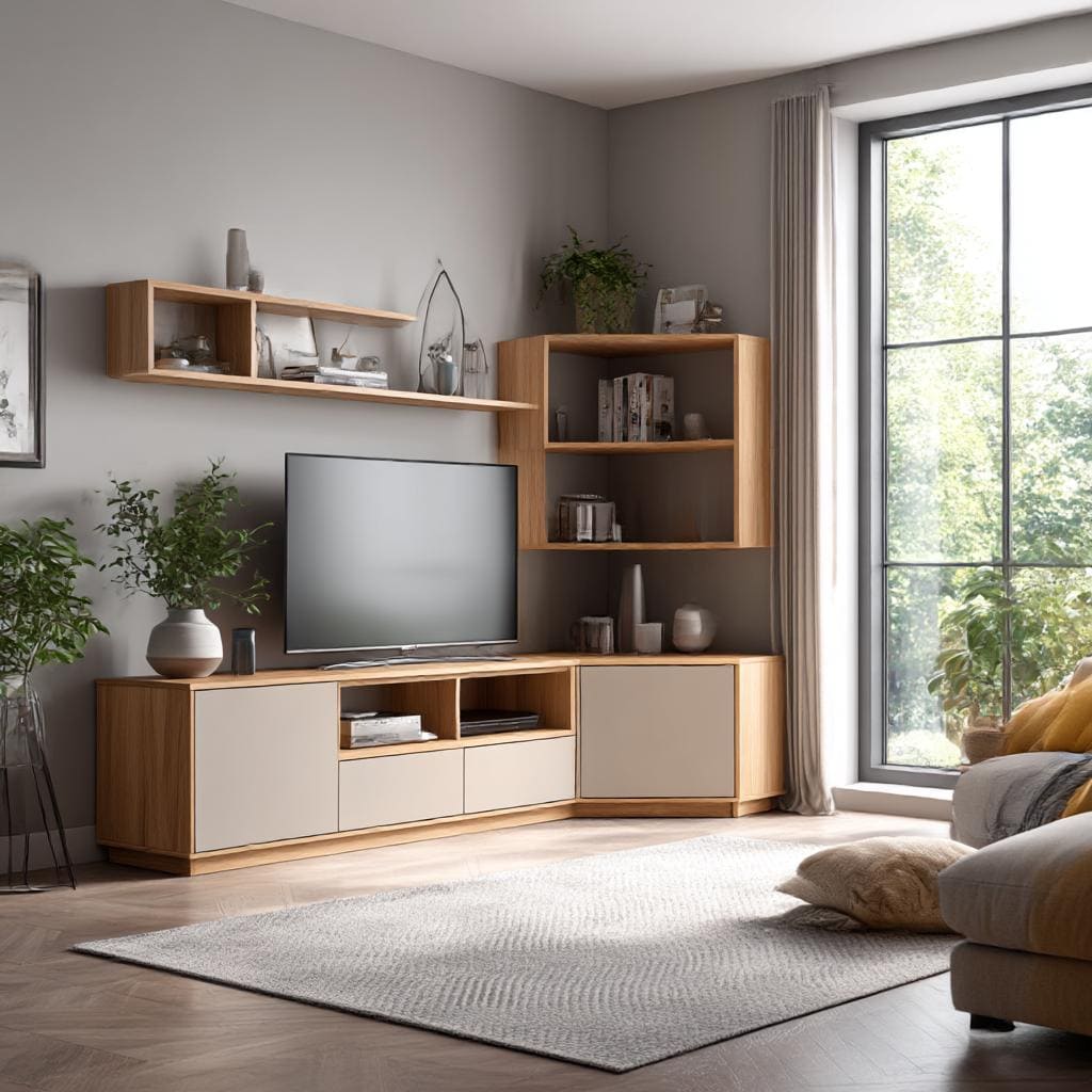 corner TV unit with storage and display shelves