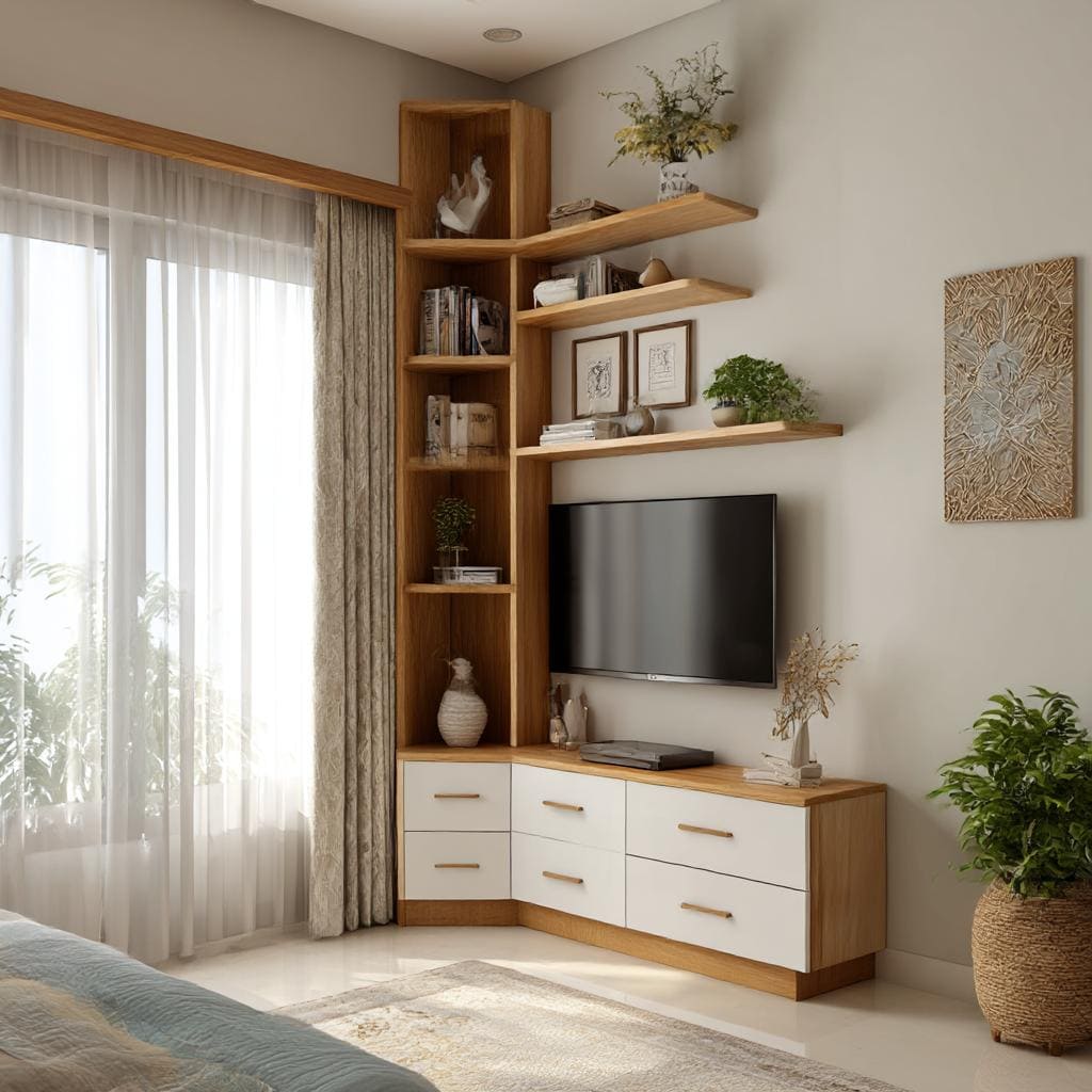 corner TV unit vertical shelves wood white finish