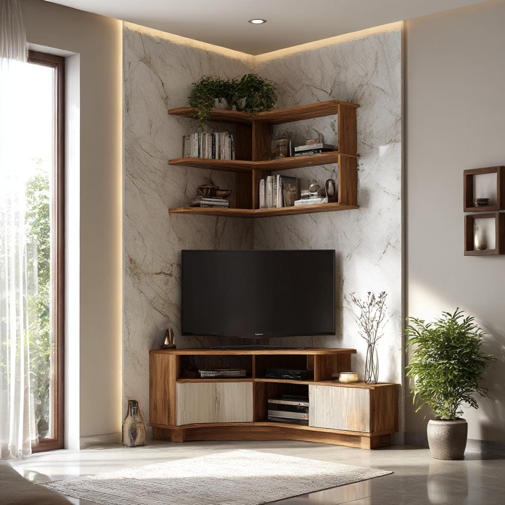 modern corner TV cabinet wood shelves marble wall