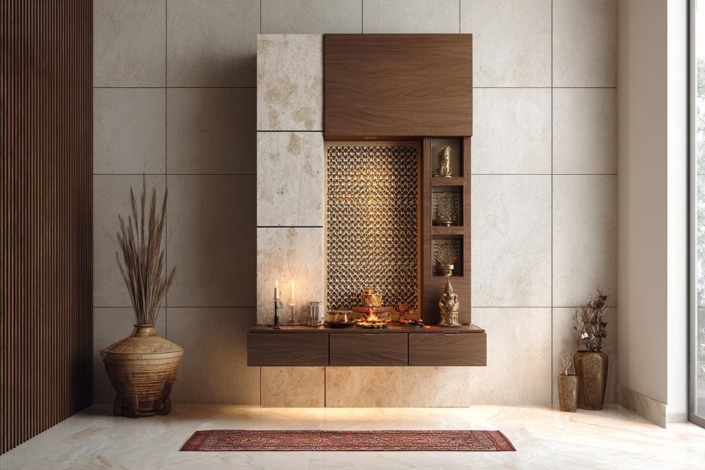 Modern wall mounted wooden mandir design India