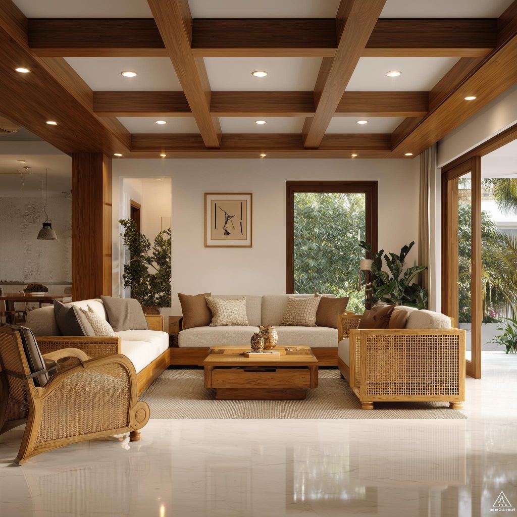 Traditional rattan wood L shape sofa Indian living room