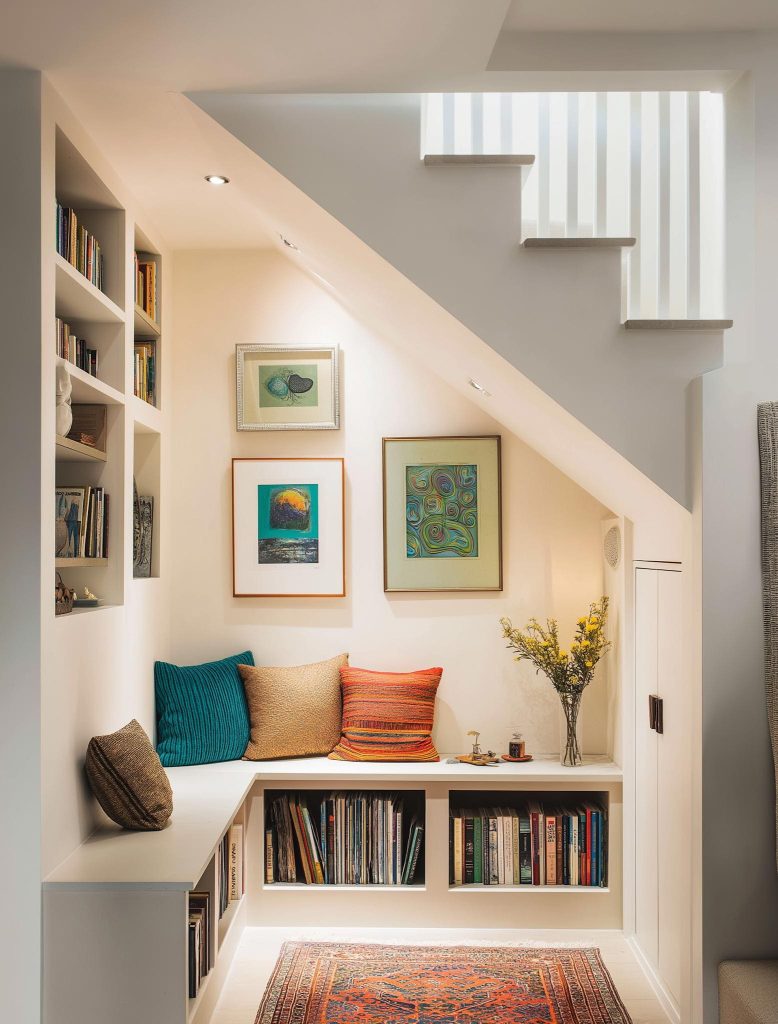 Under stairs reading nook shelves display India