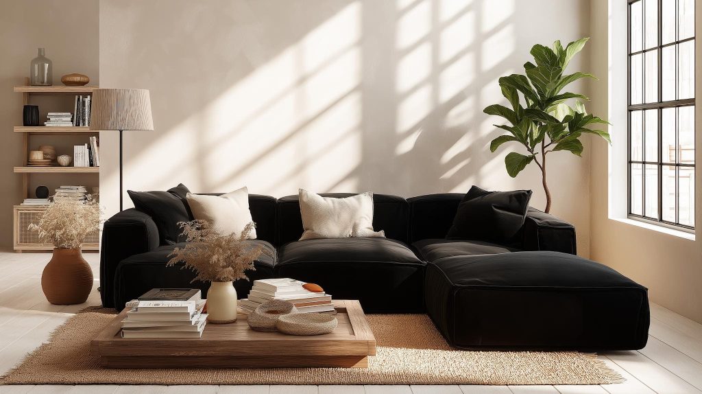  Black fabric L shape sofa minimalist neutral interior India
