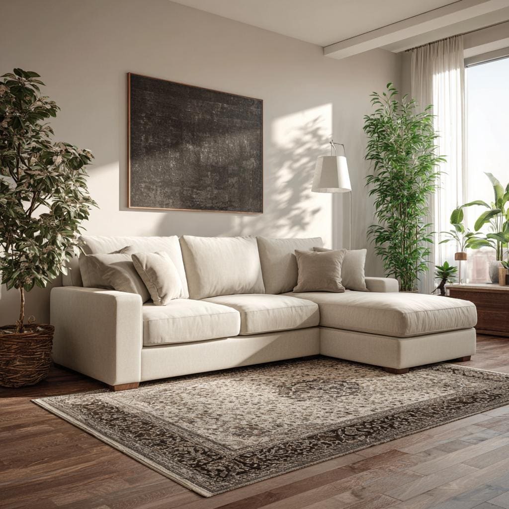  Neutral fabric L shape sofa Indian living room design