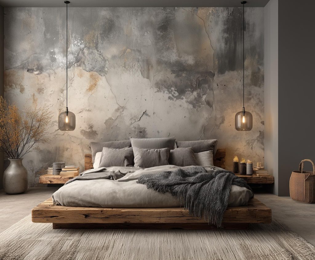Textured abstract wallpaper moody bedroom design India