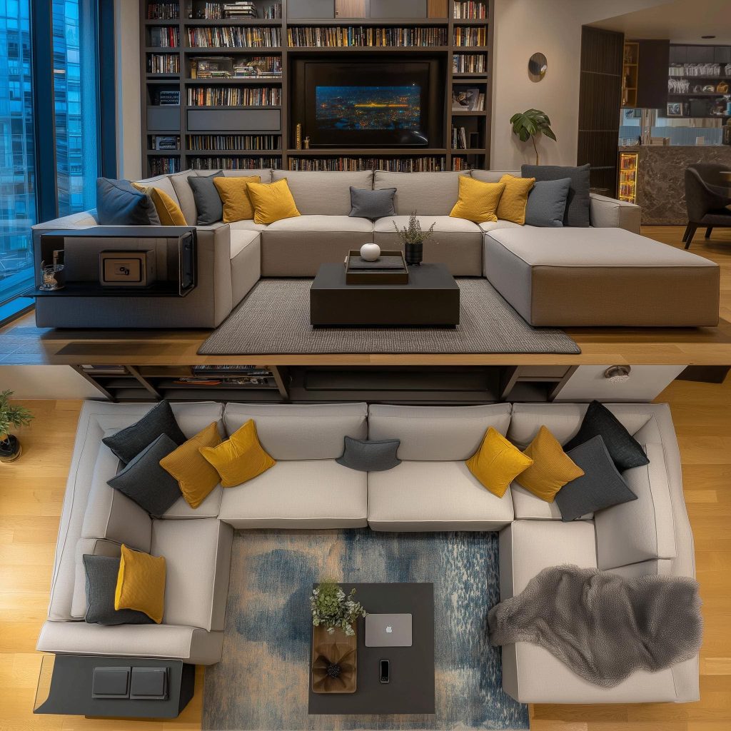 Large sectional L shape sofa yellow cushions living room