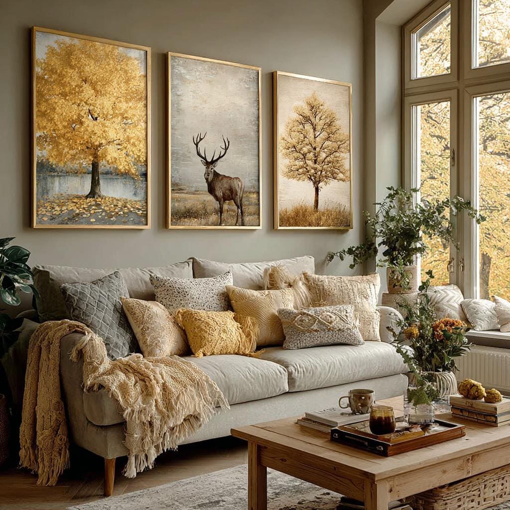 Nature canvas painting gallery wall above sofa India
