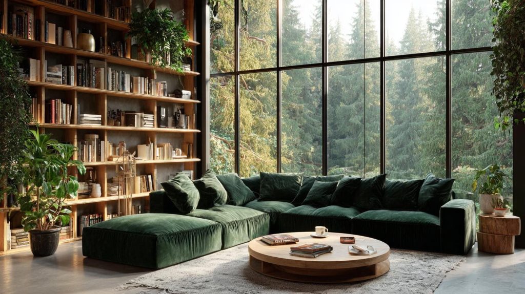  Green velvet sectional L shape sofa bookshelf living room