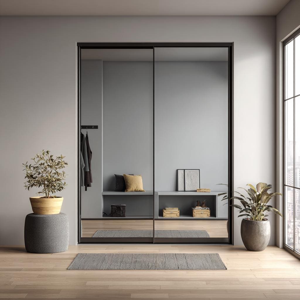 dark frame sliding mirror wardrobe minimal bedroom