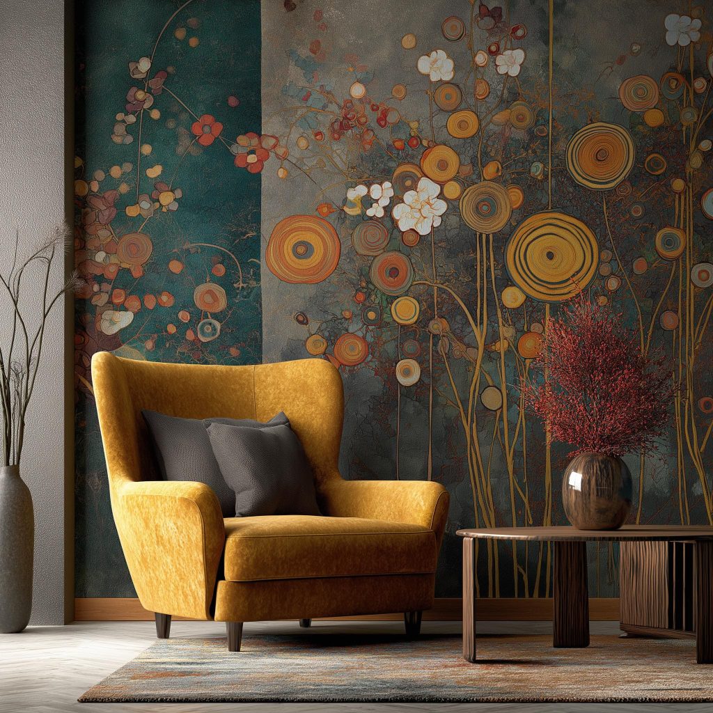  Dark floral abstract wallpaper mustard chair India