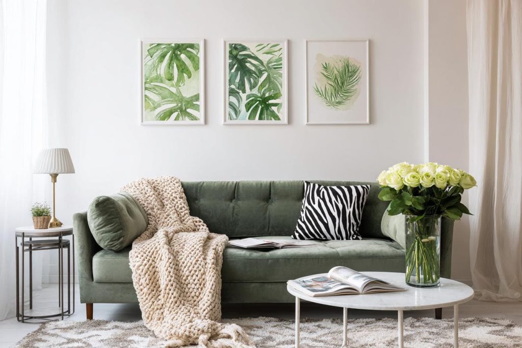 Botanical triptych canvas paintings living room green sofa