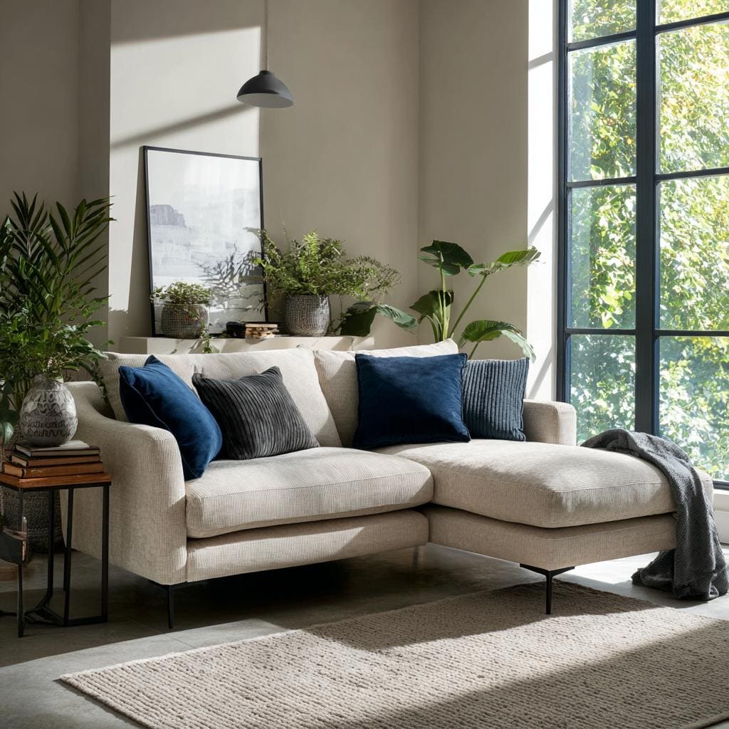 Compact fabric L shape sofa blue cushions natural light