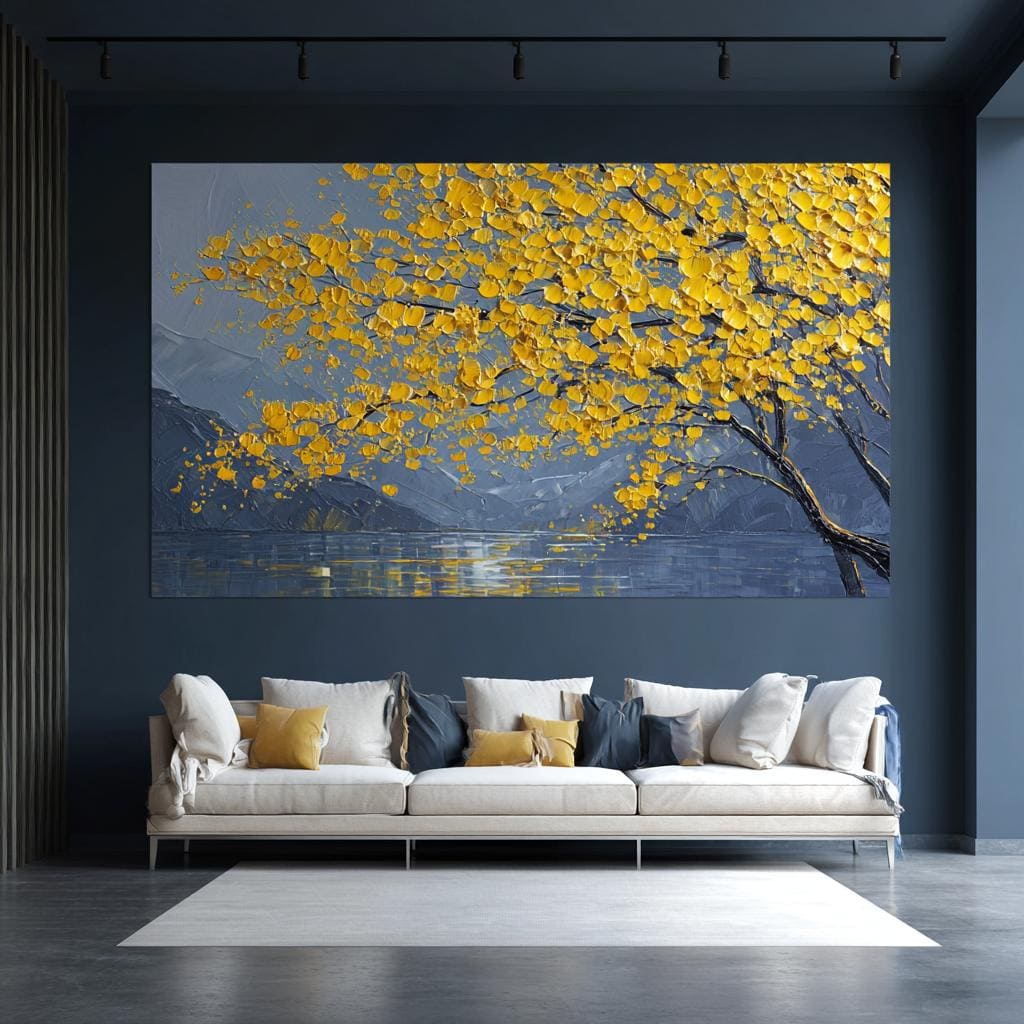  Large yellow tree canvas painting dark living room India