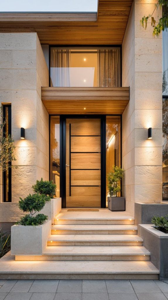  Modern entrance stairs wood stone combination design