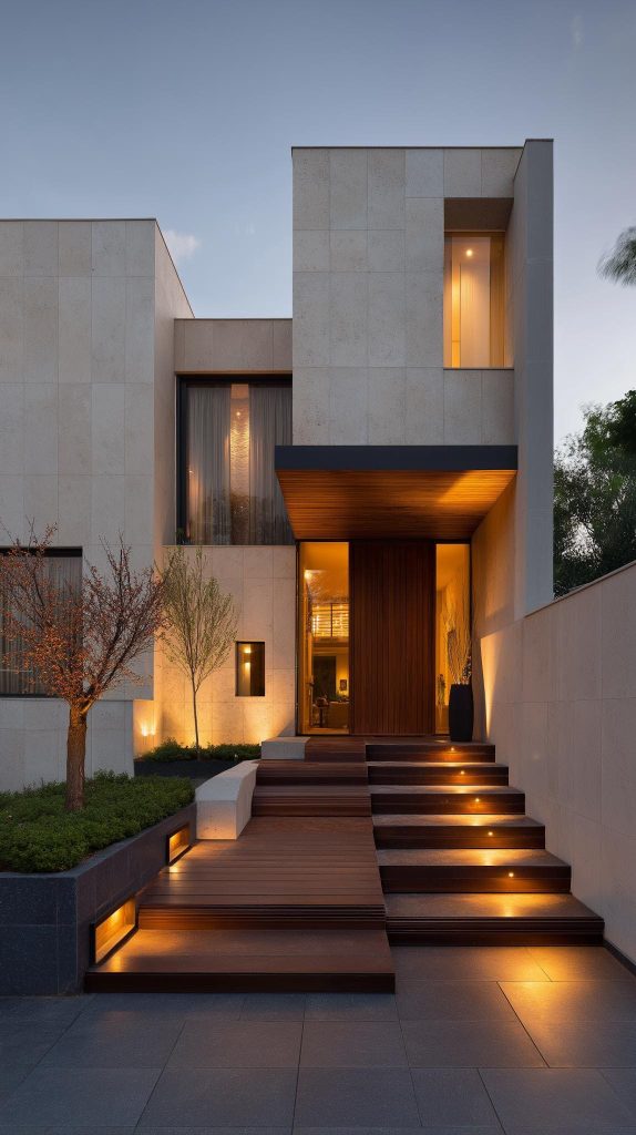 Contemporary front entrance stairs stone finish India