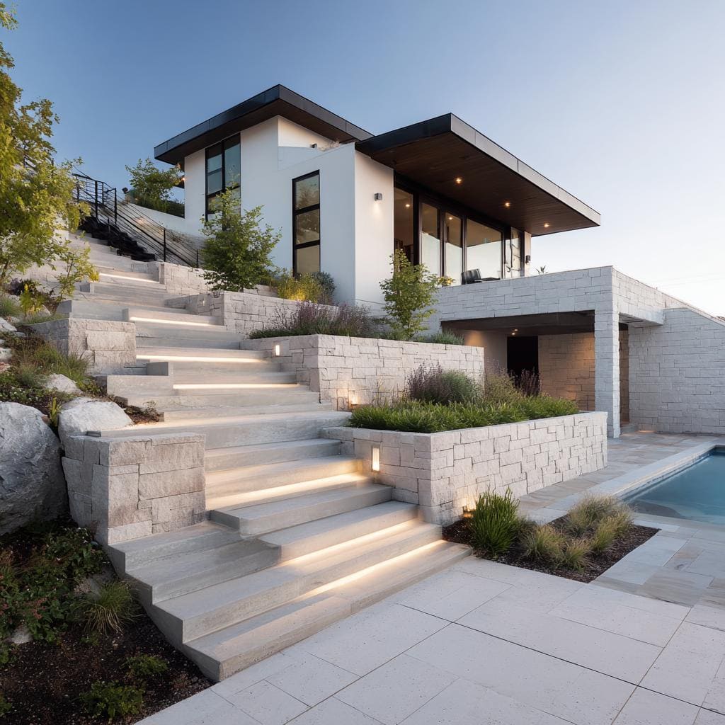 Stone entrance stairs with lighting and landscaping