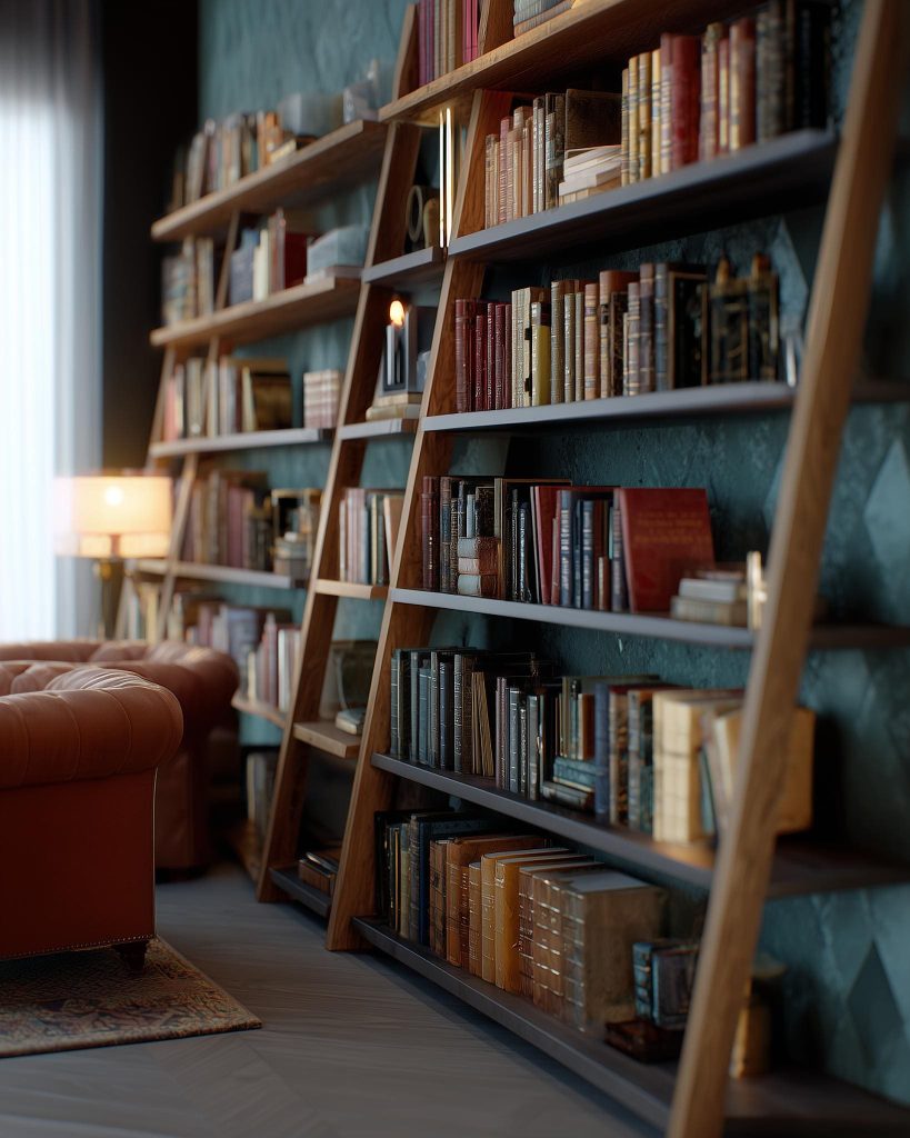 Traditional wooden bookshelf ladder design India