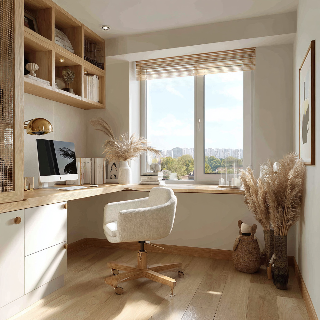  Built-in L-shaped study table shelves Indian home