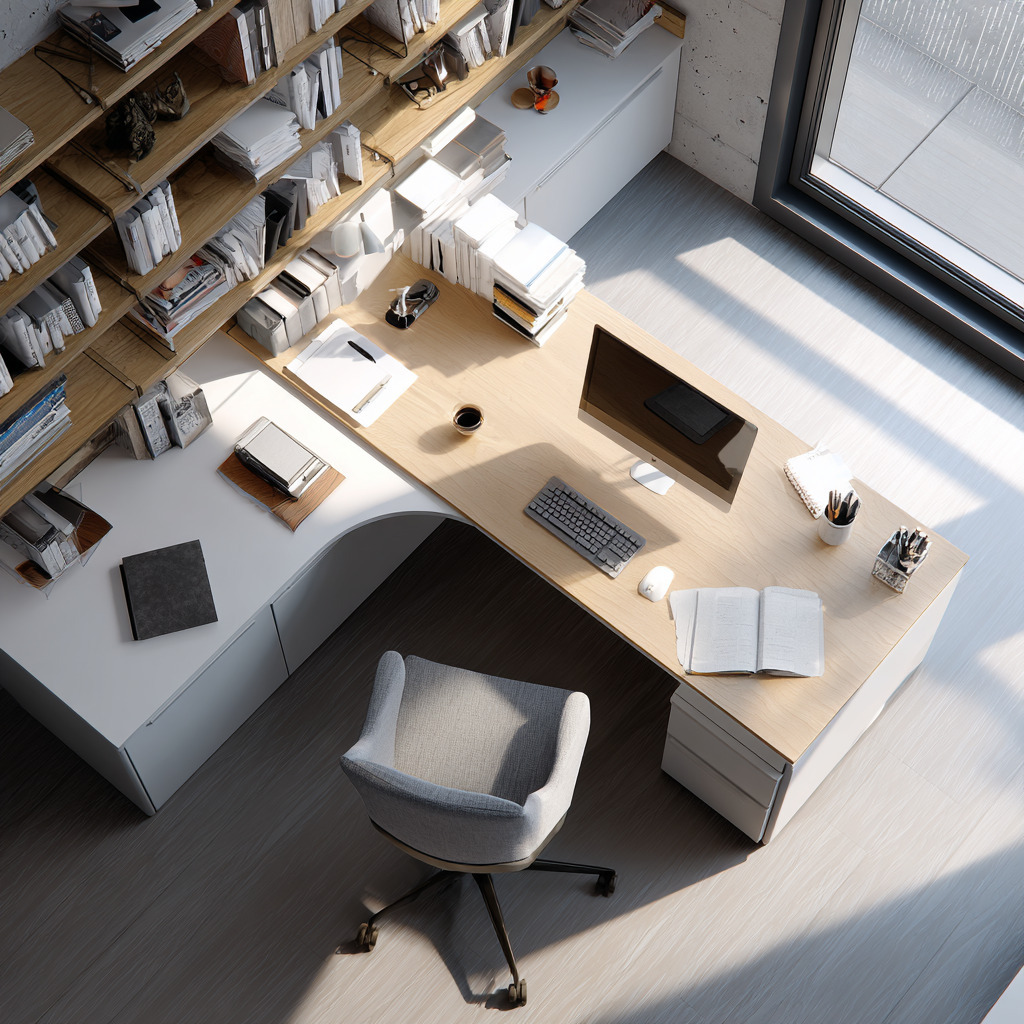 L-shaped study table overhead shelves top view