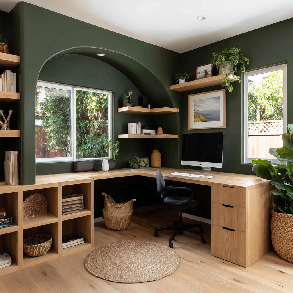 L-shaped study table open shelves green accent room