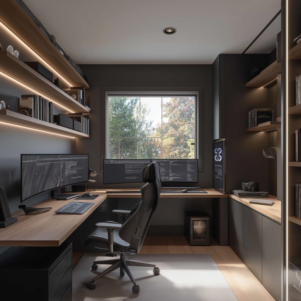 L-shaped study table storage shelves dark home office