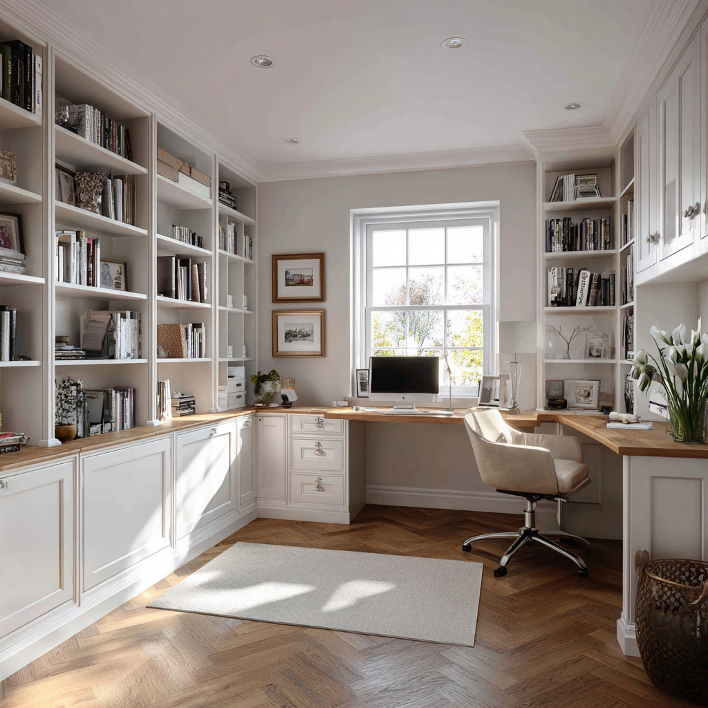  Built-in L-shaped study table white cabinets storage