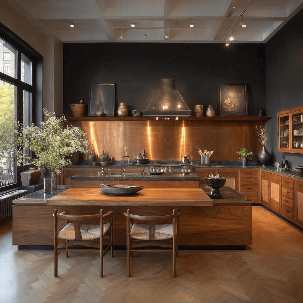 Western kitchen island dark walls wood copper backsplash