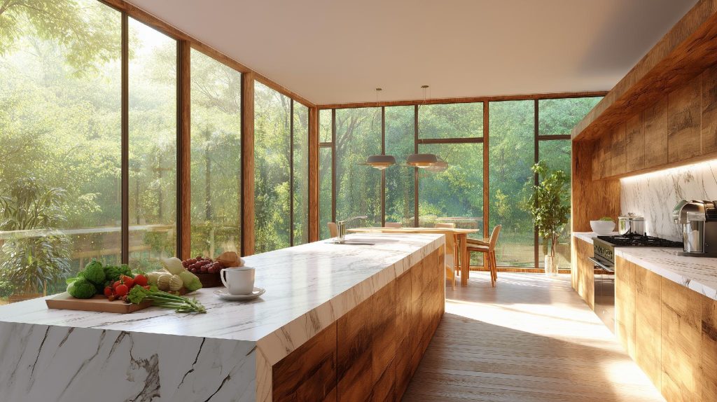 Western kitchen island marble countertop natural light design