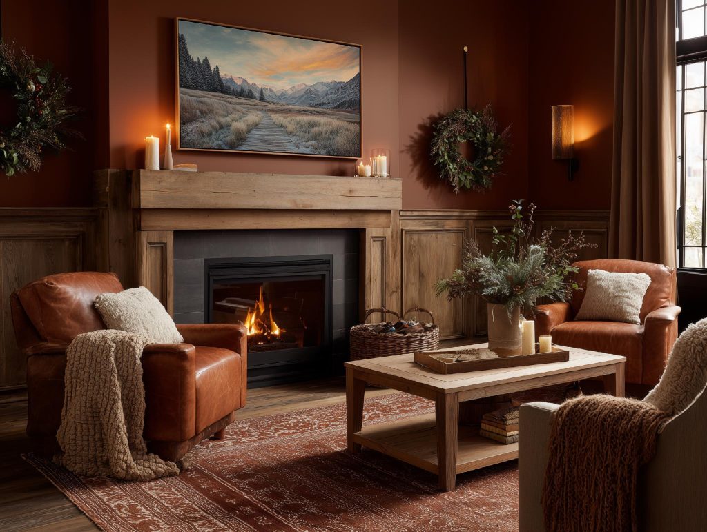 Wood panel fireplace living room furniture arrangement