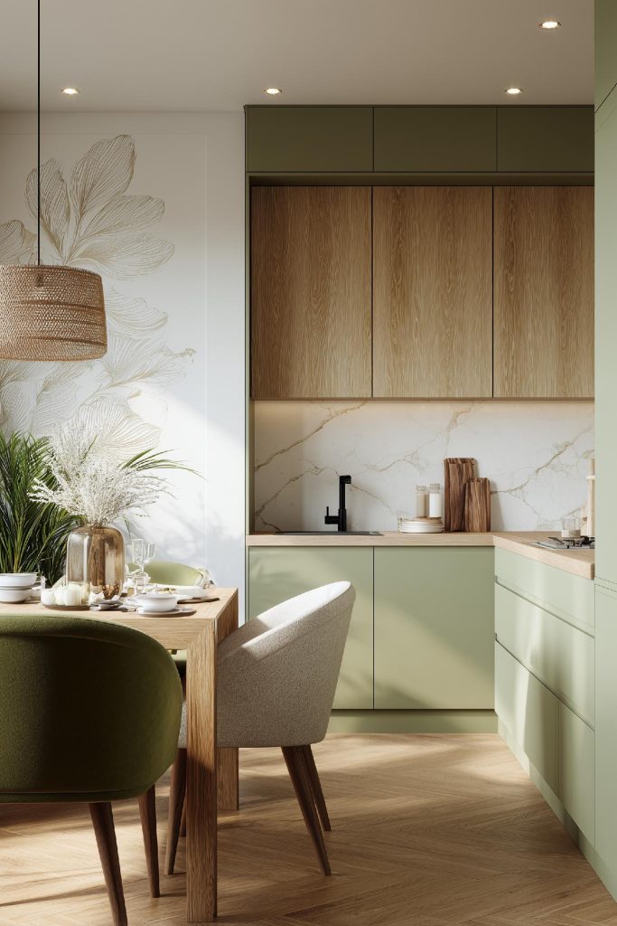  Wood panel kitchen shutter design with marble detail