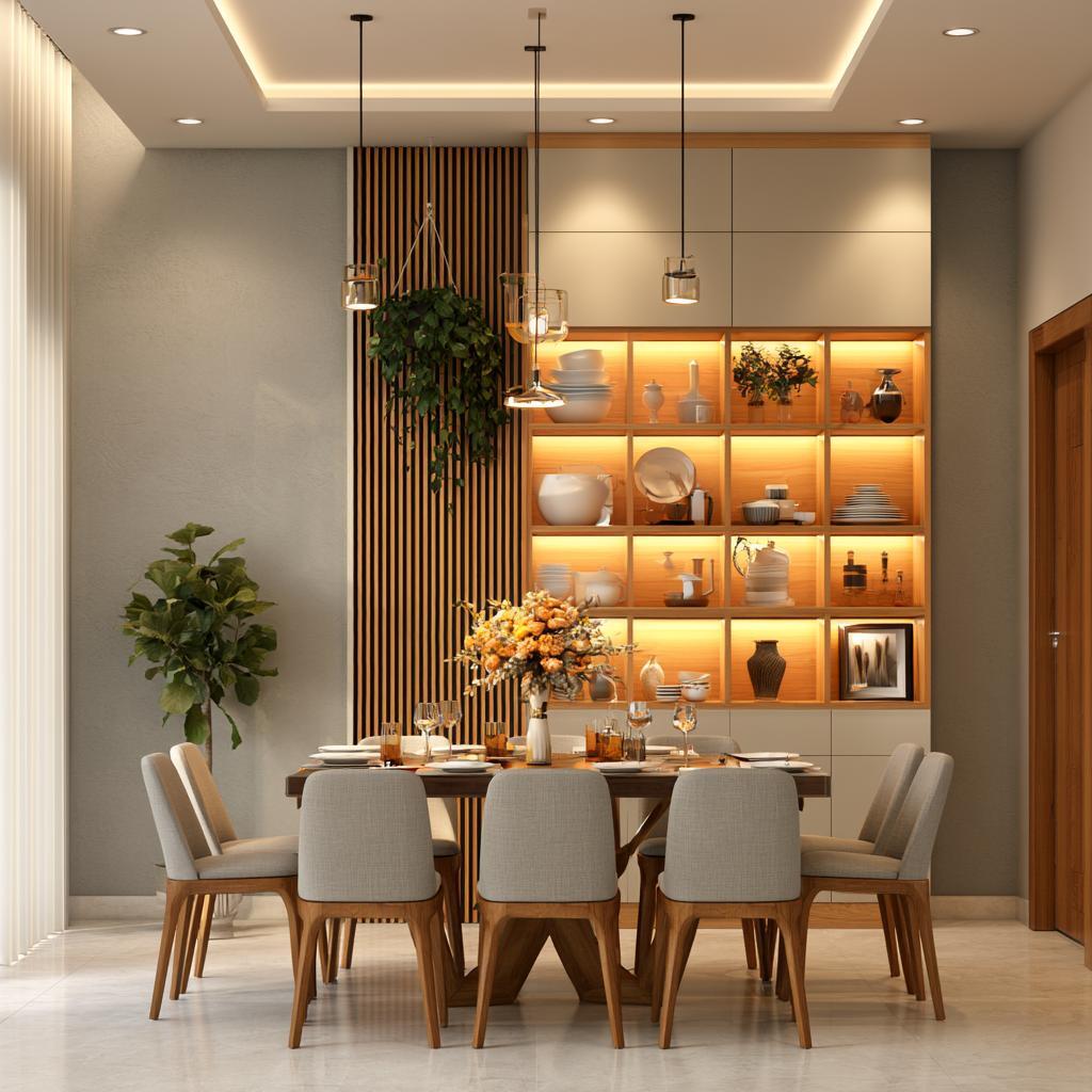  Wall mounted crockery cabinet design, backlit open shelves