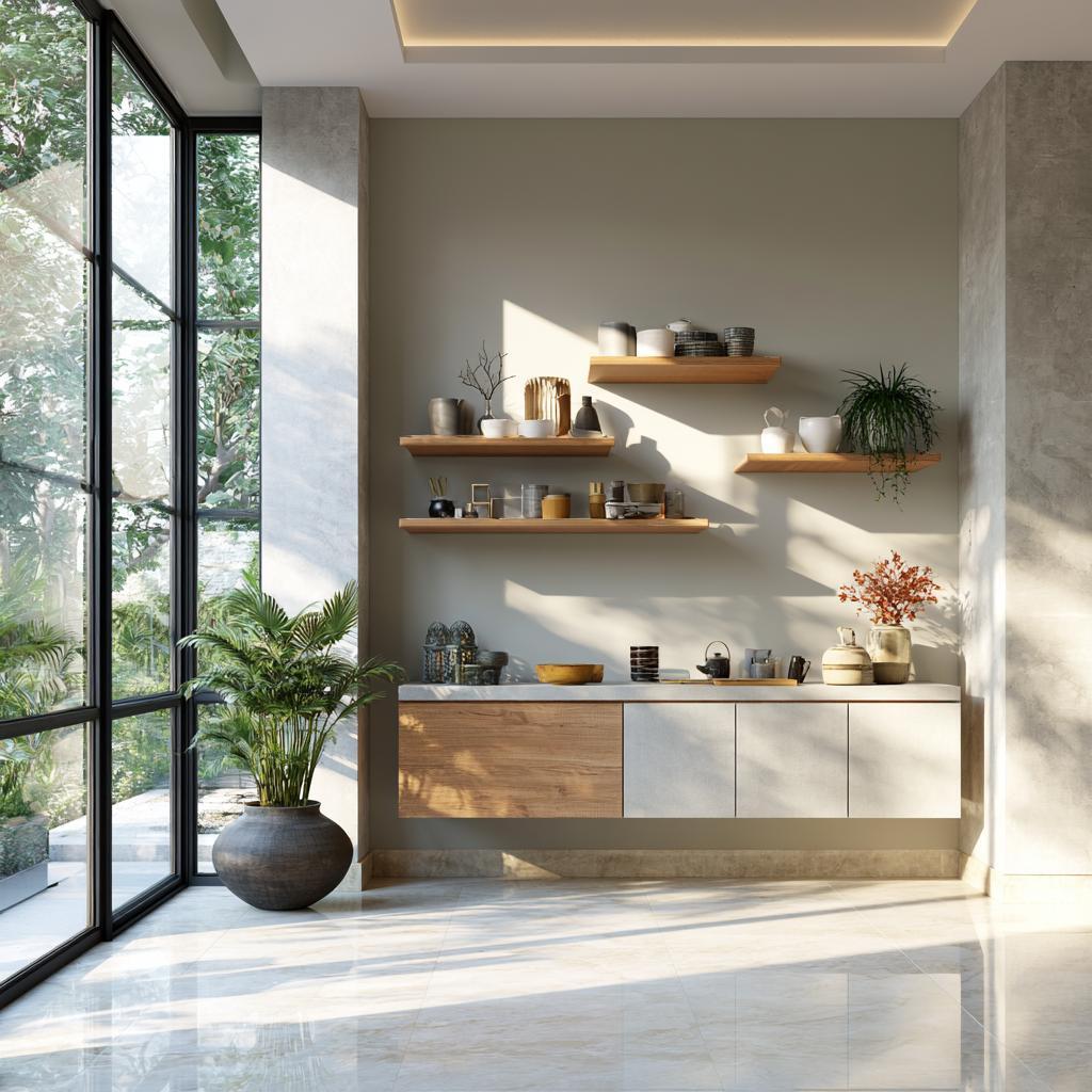 Wall mounted crockery unit design, floating shelves