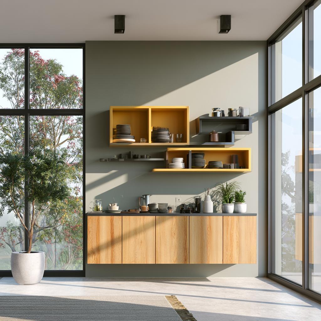 Yellow wall mounted crockery unit design, kitchen shelves