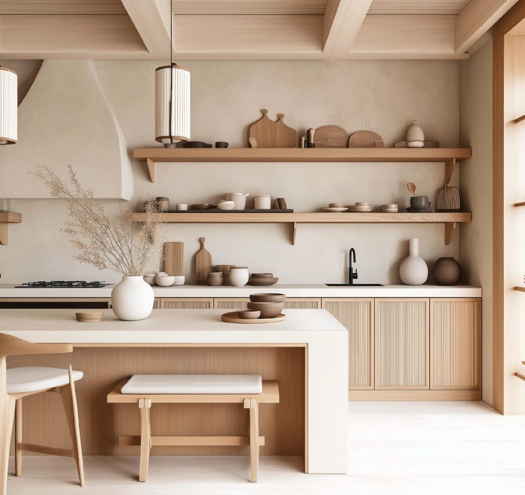 Western kitchen neutral tones open shelves wood island