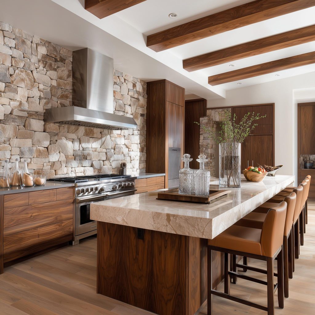 Western kitchen stone wall wood cabinets marble island