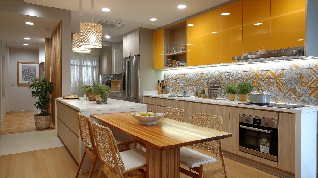 Modern western kitchen yellow cabinets patterned backsplash island