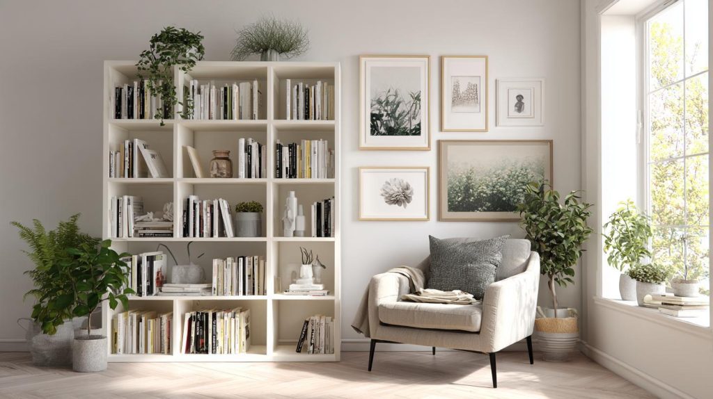 White freestanding living room bookshelf with plants