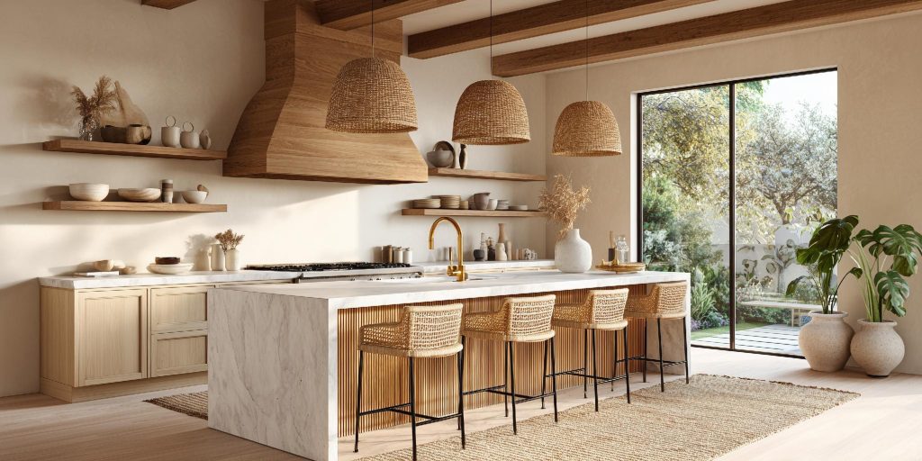 Unique kitchen island lighting, woven rattan pendants