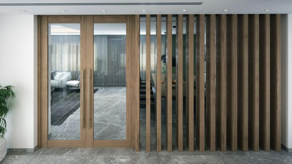 Vertical slatted wooden partition design entryway