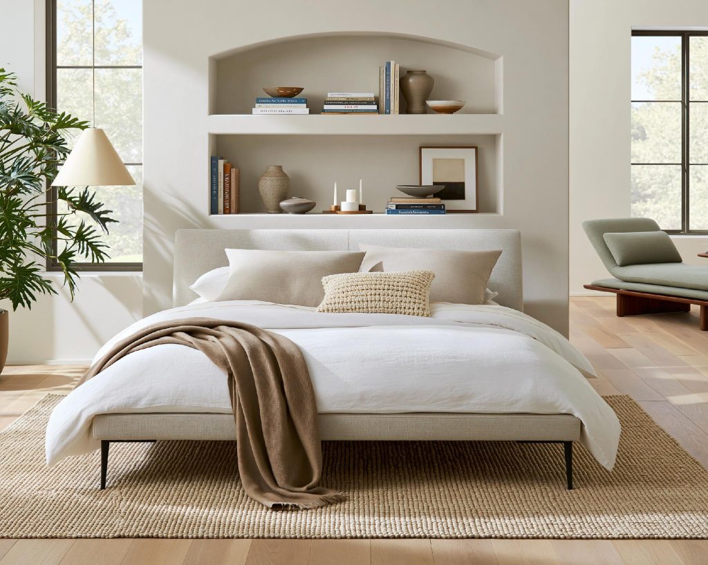 Bedroom styling with alcove shelf, wall bed look