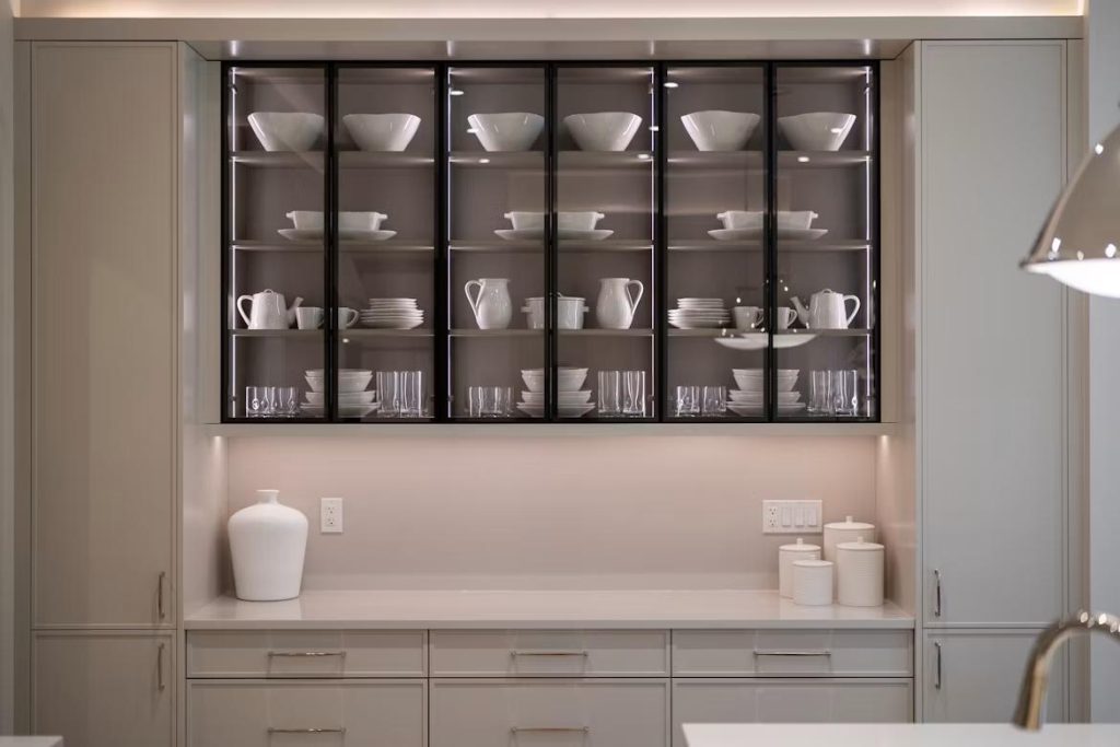 Glass-front wall mounted crockery cabinet design, kitchen