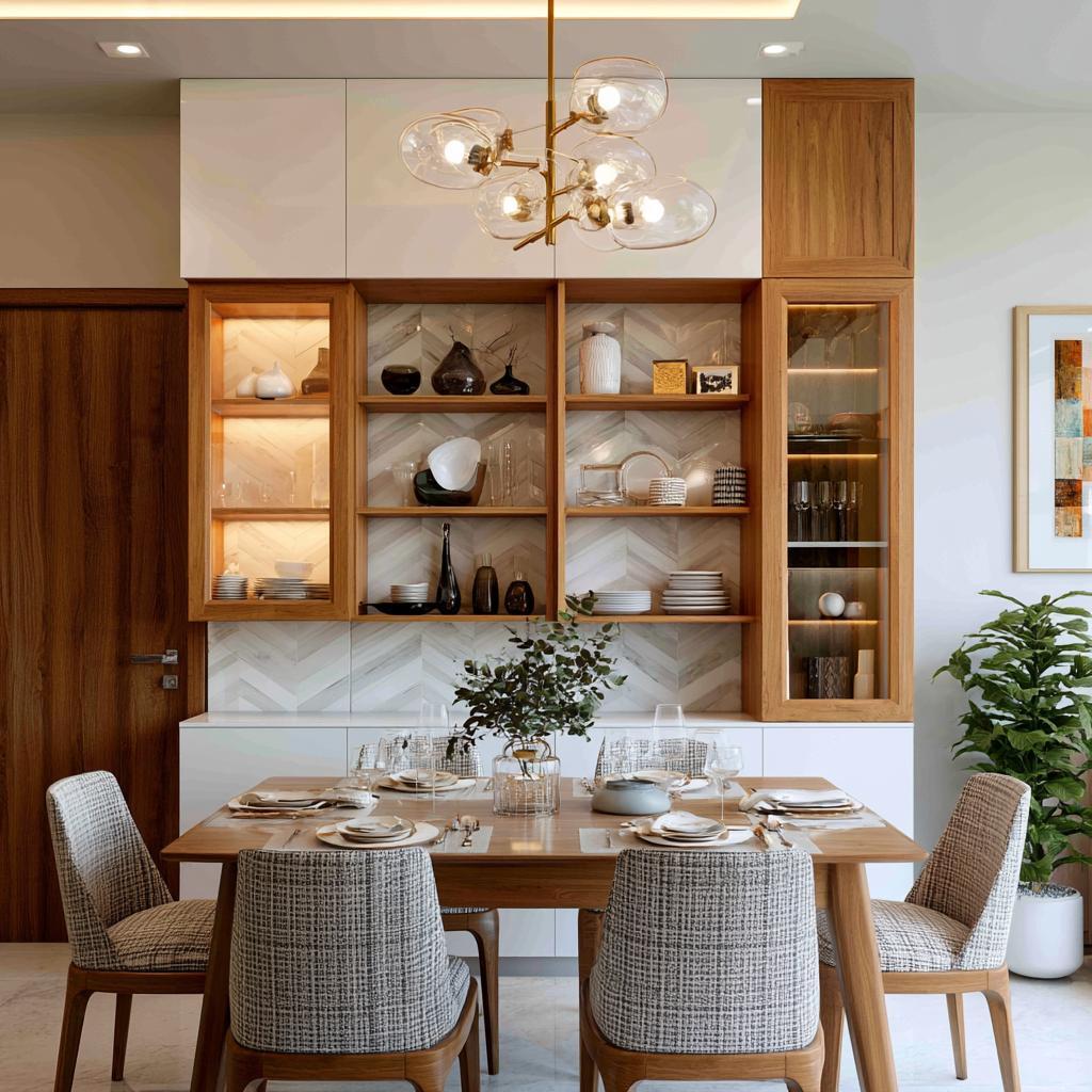 Wood wall mounted crockery unit design with glass shutters