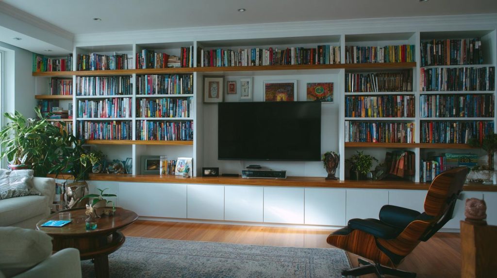 Built-in wall bookshelf with TV unit living room