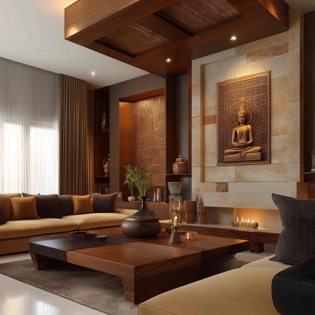 Stone tile decorative fireplace Indian living room design